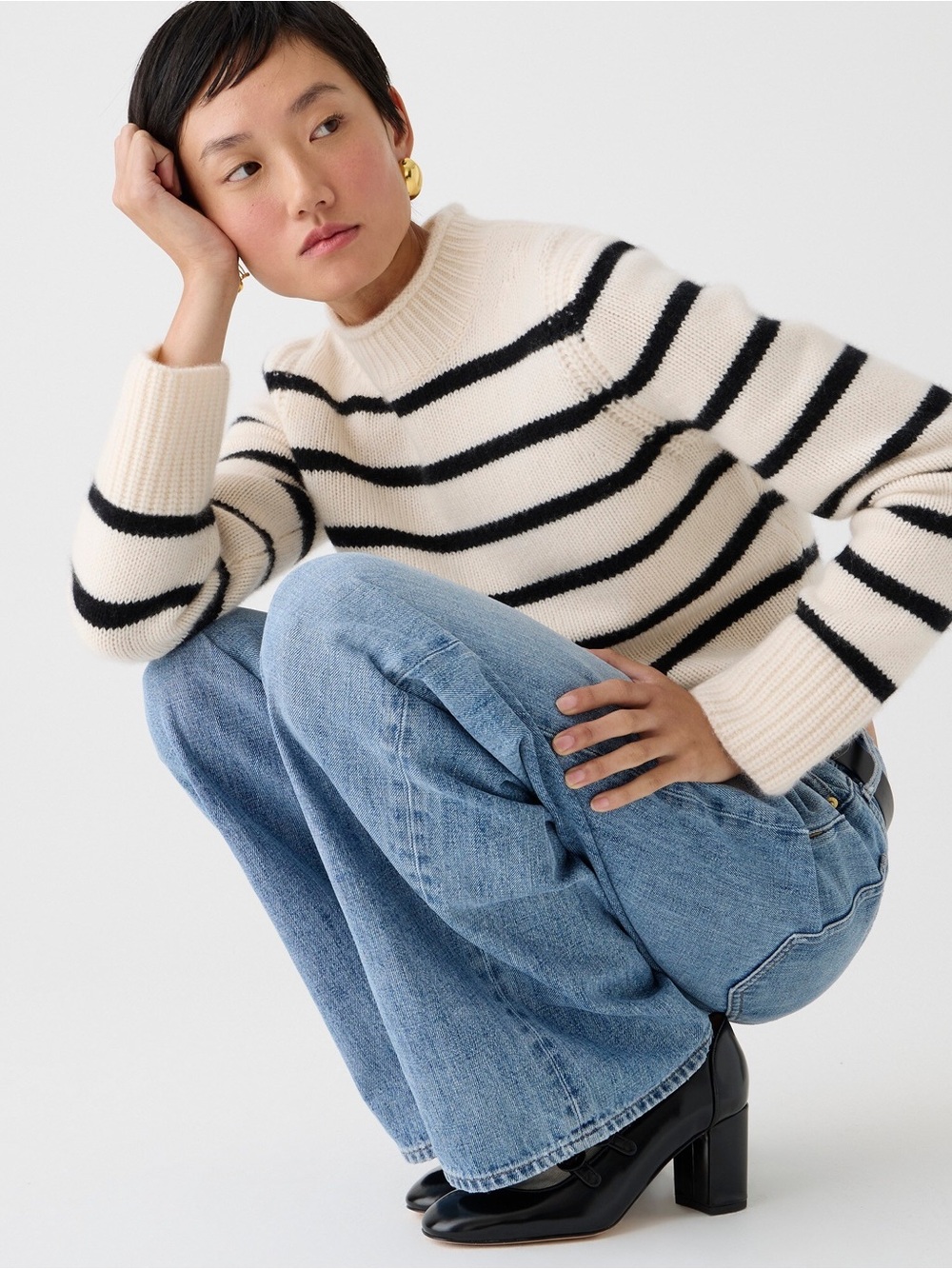 J. Crew 100% Cashmere Cream and Black Striped Rollneck Cropped Sweater Size S